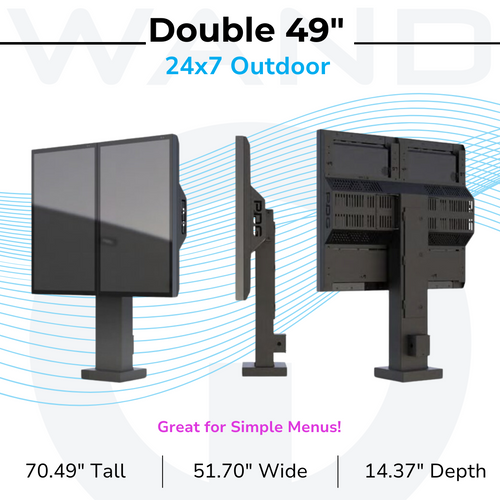 Double 49-inch LG XE4 outdoor display kiosk for simple menus, featuring 4000-nit brightness and 24x7 durability.