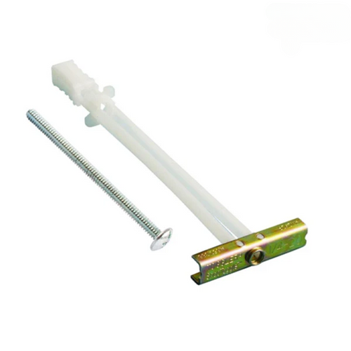A 3/16" Toggler Assembly kit consisting of a metal toggle channel with plastic straps and a matching mounting bolt.