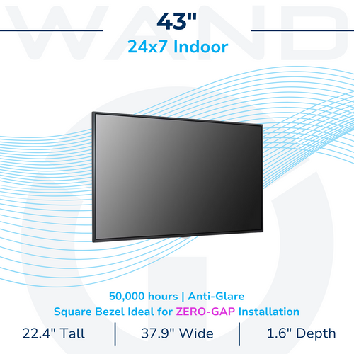 43-inch 24/7 professional commercial display featuring a square bezel for seamless zero-gap installation. This high-performance indoor screen offers 50,000 hours of reliability and anti-glare viewing for retail and restaurant digital signage.