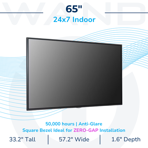 This specification sheet details a 65-inch 24x7 indoor commercial display, featuring anti-glare technology and a 50,000-hour operational lifespan. Its square bezel design is engineered for seamless zero-gap installations in high-traffic professional digital signage networks.