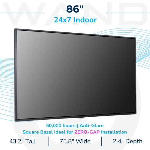 A technical specification sheet for an 86-inch 24x7 indoor commercial display, featuring anti-glare technology, a 50,000-hour operational lifespan, and a square bezel optimized for zero-gap digital signage installations.