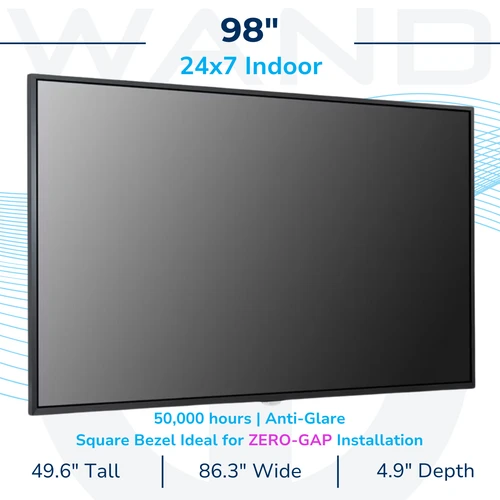 A technical specification sheet for a 98-inch 24x7 indoor commercial display, featuring anti-glare technology, a 50,000-hour operational lifespan, and a square bezel designed for seamless, zero-gap digital signage installations.