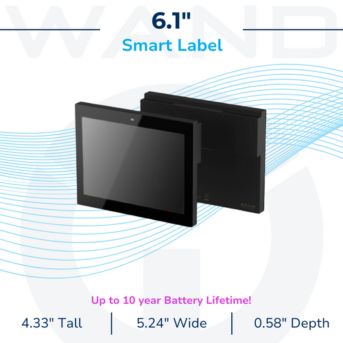 Spec graphic for the WAND 6.1" Smart Label digital display. Details dimensions (4.33" H x 5.24" W x 0.58" D) and a 10-year battery lifetime.