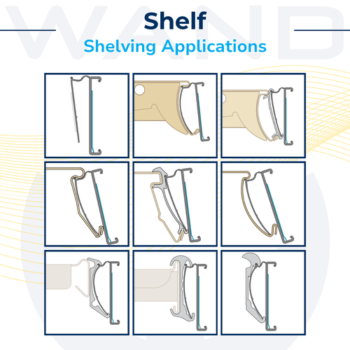 Technical diagrams illustrating various shelving applications and mounting configurations for retail shelf labels.