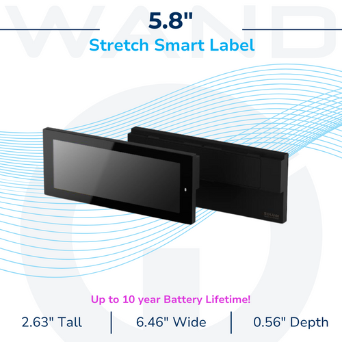 A 5.8-inch stretch smart label display featuring product dimensions and a 10-year battery lifetime.