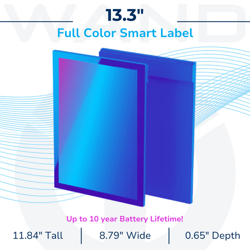 Spec graphic for the wireless WAND 13.3" Full Color Smart Label. Details hardware dimensions (11.84" H x 8.79" W x 0.65" D) and a 10-year battery life for long-term commercial signage.