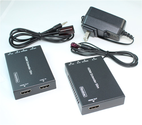 Front-facing view of the TOAST POS 164ft HDMI 4K@60Hz over Cat5E/Cat6 Network Cable kit including transmitter, receiver, and power cables.