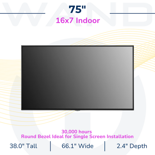 Specifications graphic for a 75" LG Lite Duty Smart Screen, detailing 16x7 format and 30,000-hour lifespan.