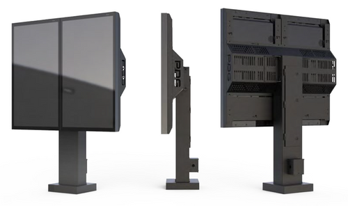 Three angled views of a 2x1 vertical stand bracket system designed for two 55-inch LG exterior displays. Screens sold separately.