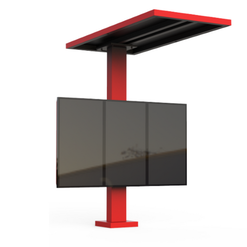 Red 3x1 vertical canopy bracket system mounted with three 55-inch LG exterior displays.