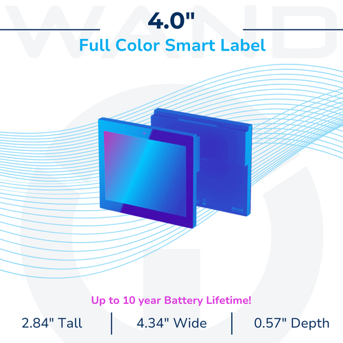 4.0-inch full color smart label showing product dimensions of 2.84 inches tall, 4.34 inches wide, and 0.57 inches deep with 10-year battery life.