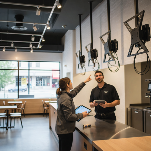 WAND Digital technicians performing a pre-installation site survey, reviewing display mounts in a restaurant.