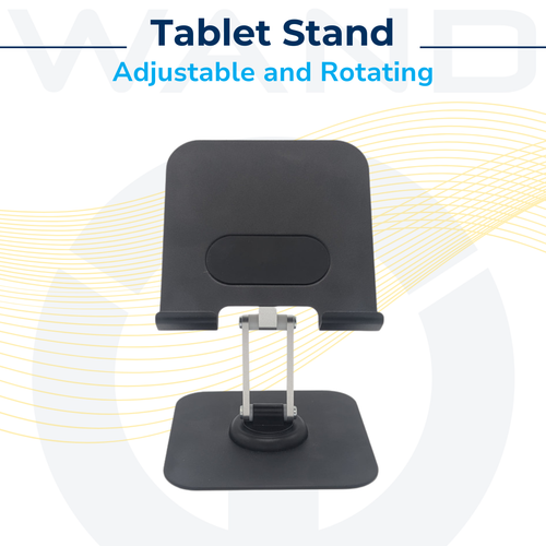 Graphic showing an adjustable and rotating black tablet stand on a white background.