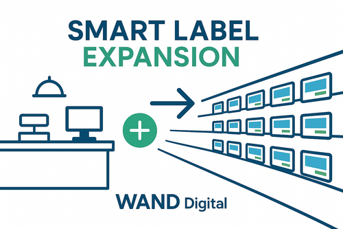 Graphic illustration showing a desk setup adding more smart electronic shelf labels to retail display shelves.