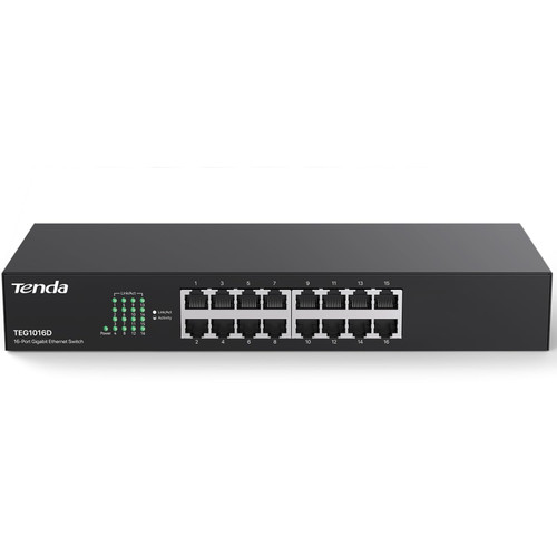 Front view of a black 16 Port Switch with visible Ethernet ports and status indicator lights.