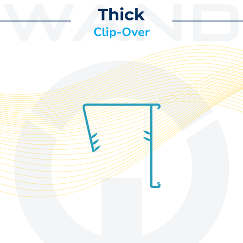 Technical line drawing of a thick wall clip-over bracket for securing retail shelf displays.