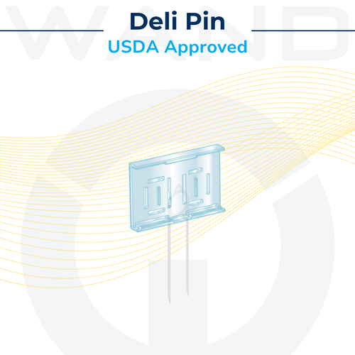 Graphic illustration of a USDA-approved deli pin mount for securing retail food labels.
