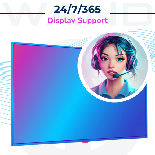 A support representative with a headset next to a WAND digital display for 24/7 annual support services.