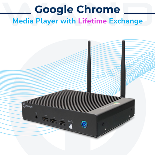 A black AOPEN Google Chrome media player device with dual antennas displayed on a white background.