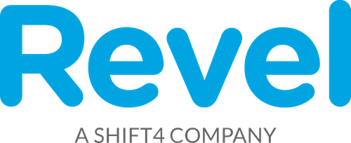 The light blue Revel logo, indicating POS price and product integration services by a Shift4 company.