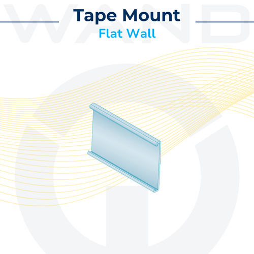 Graphic illustration of a clear tape mount bracket designed for flat wall placement of retail labels.