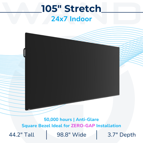 105 inch 21:9 Ultra Stretch display showcasing 24/7 reliability, 50,000 hour lifespan, and zero-gap installation.