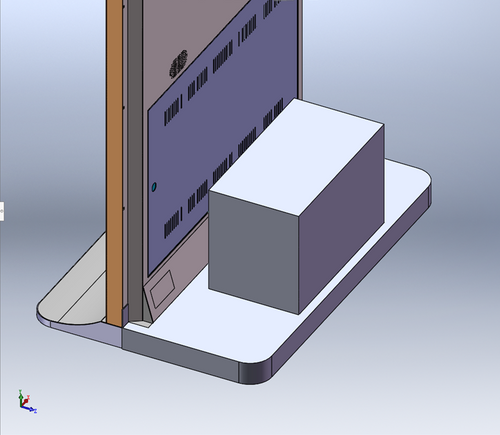 A 3D CAD rendering of a Battery Pack Shelf (+45) mounted at the base of a digital kiosk display.