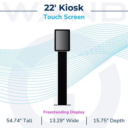 Technical diagram of a 22-inch digital floor standee kiosk with touch screen capabilities.