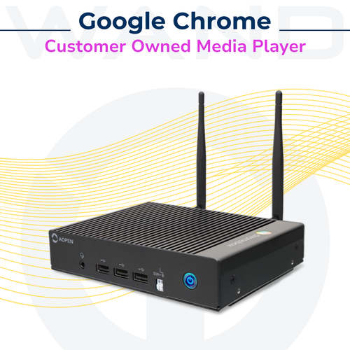 A black AOPEN Google Chrome customer-owned media player with dual external antennas isolated on a white background.