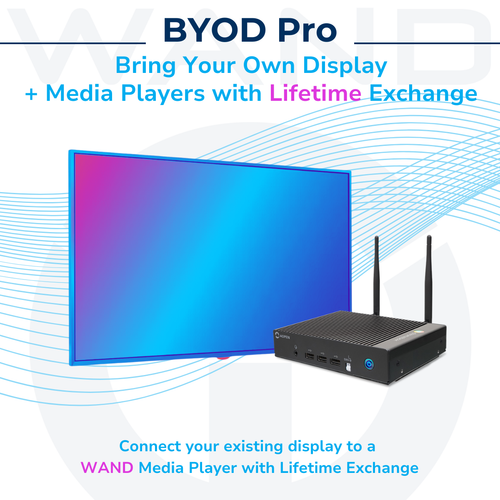 BYOD Pro digital signage media player with dual antennas positioned next to a vibrant flat-panel display.