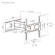 Technical line drawing of the articulating wall bracket, showing extension range, tilt, and swivel dimensions.