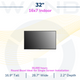 Specifications graphic for a 32-inch indoor digital display, including dimensions and ideal single-screen installation details.