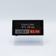 A digital smart shelf label displaying Coca-Cola 20 oz bottle pricing and a barcode.