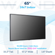 This specification sheet details a 65-inch 24x7 indoor commercial display, featuring anti-glare technology and a 50,000-hour operational lifespan. Its square bezel design is engineered for seamless zero-gap installations in high-traffic professional digital signage networks.