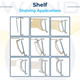 Technical diagrams illustrating various shelving applications and mounting configurations for retail shelf labels.