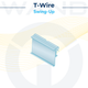 Graphic illustration of a clear T-Wire swing-up mount designed for flexible retail shelf signage.