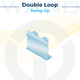Graphic illustration of a double loop swing-up bracket for wire basket retail displays.