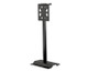 A sleek black mobile display stand featuring a vertical pole mount and a stable base with casters.