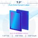 A 7.3-inch Full Color Smart Label display highlighting dimensions and a 10-year battery lifetime.