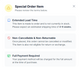A special order item notification window detailing lead time, return policies, and payment terms.