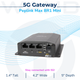 Front view of the Peplink Max BR1 Mini 5G gateway showing ports, status indicators, and physical dimensions.