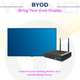 A black compact digital signage media player with dual antennas beside a blank flat-panel display.