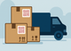 A delivery truck with cardboard shipping boxes labeled with QR codes for a road case return and disposal service.