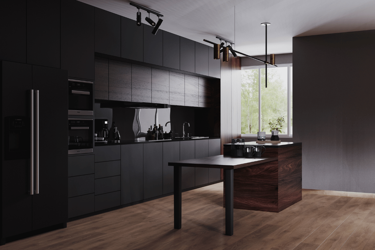 Dark modern Japandi kitchen with wood island