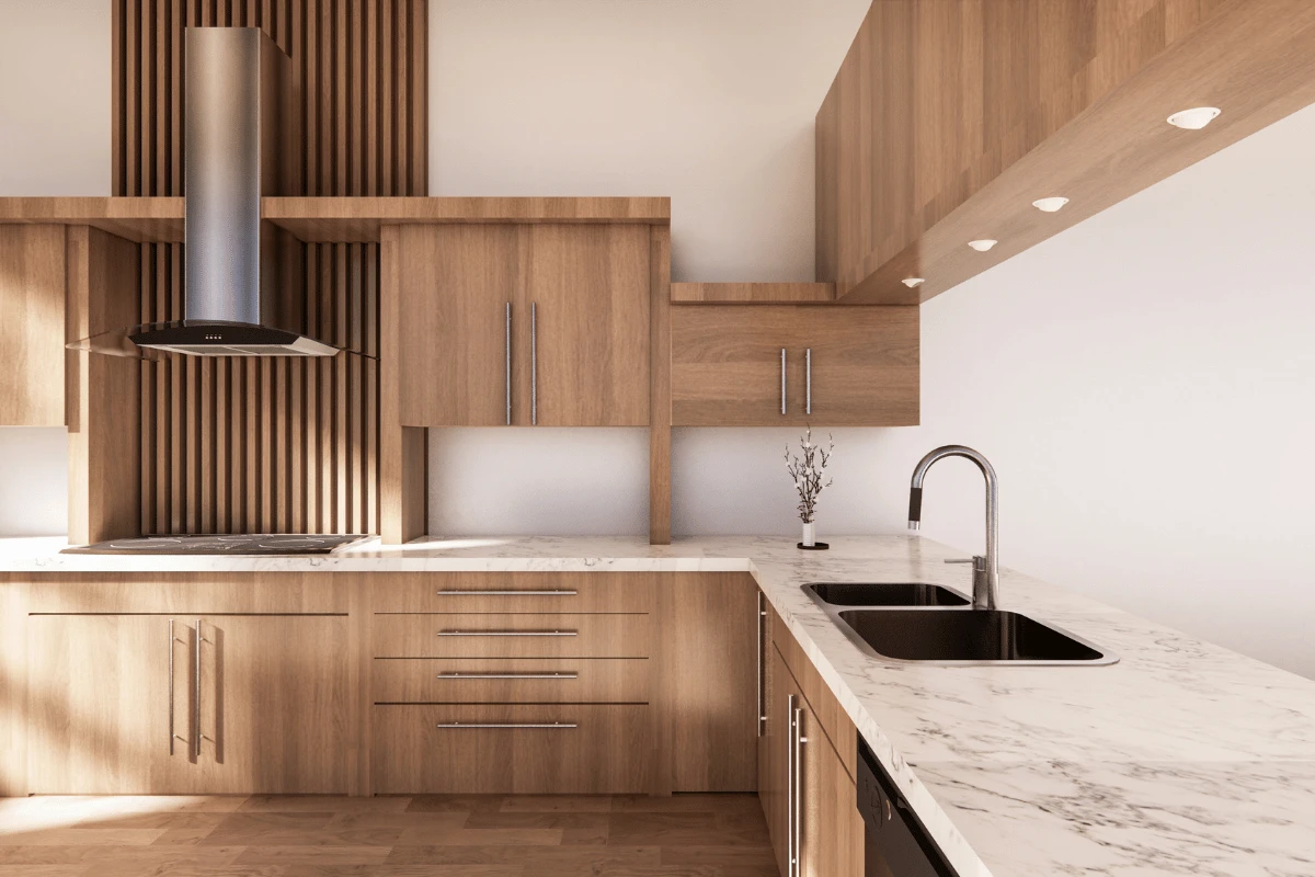 Natural wood cabinet doors in a Japandi kitchen