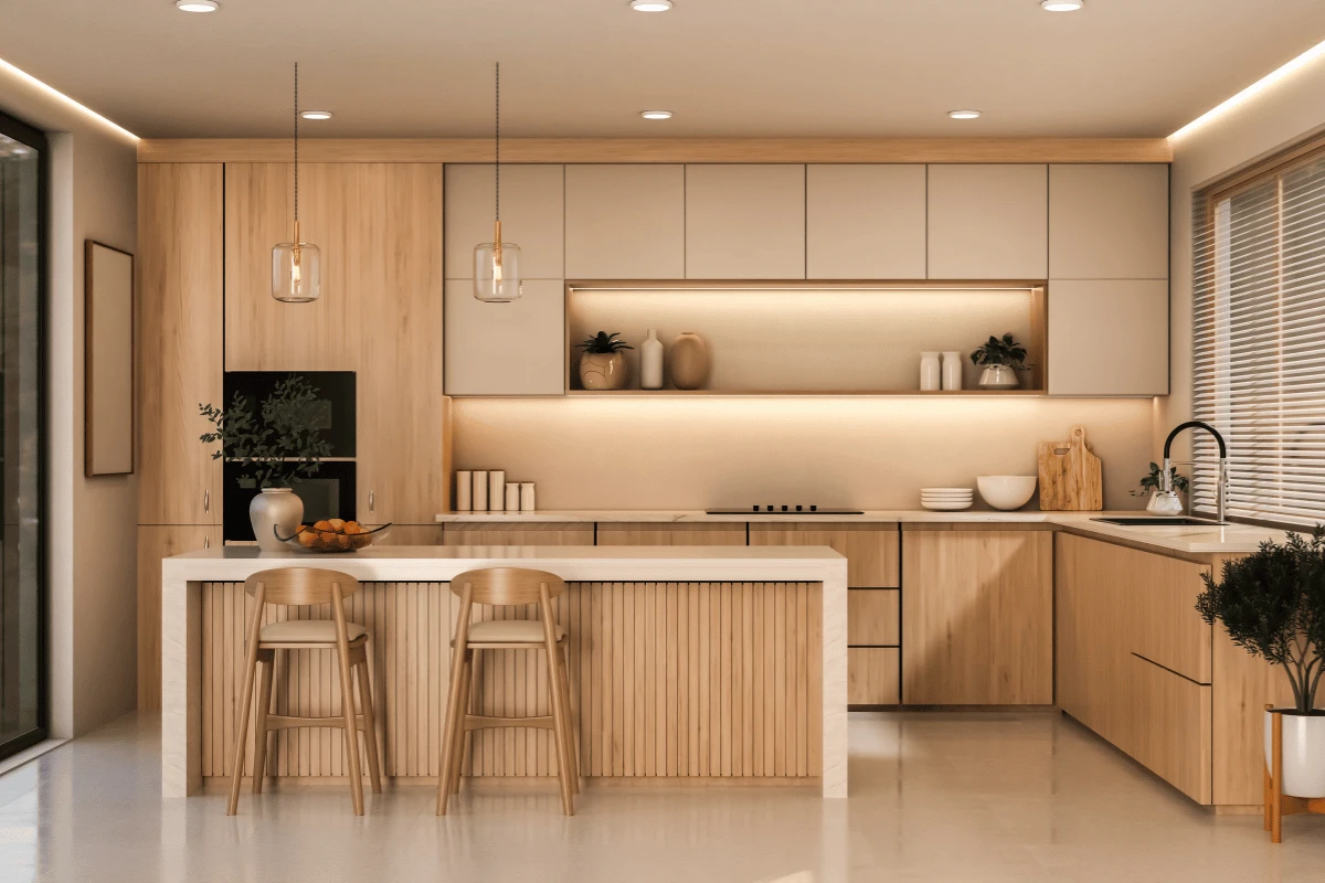 Light wood Japandi kitchen with minimalist cabinetry