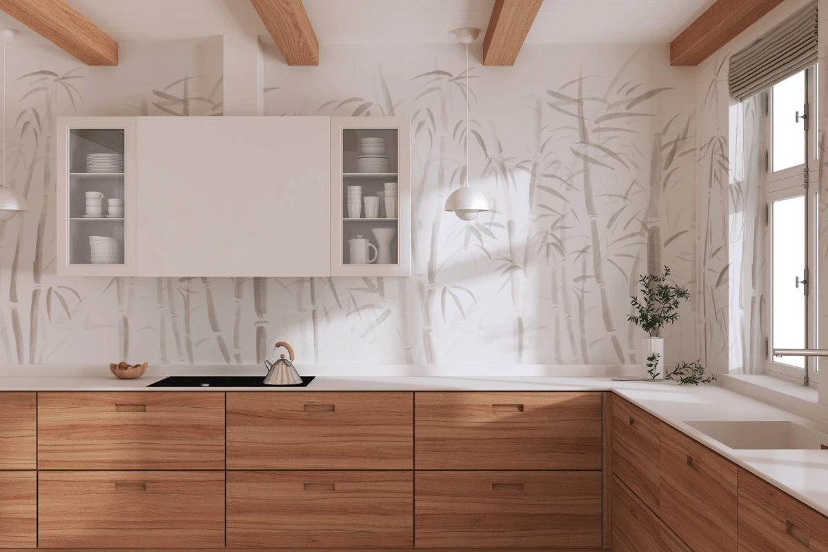 Japandi kitchen with warm wood and white cabinet doors