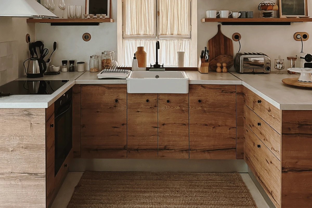 Natural wood kitchen cabinet doors and farmhouse sink