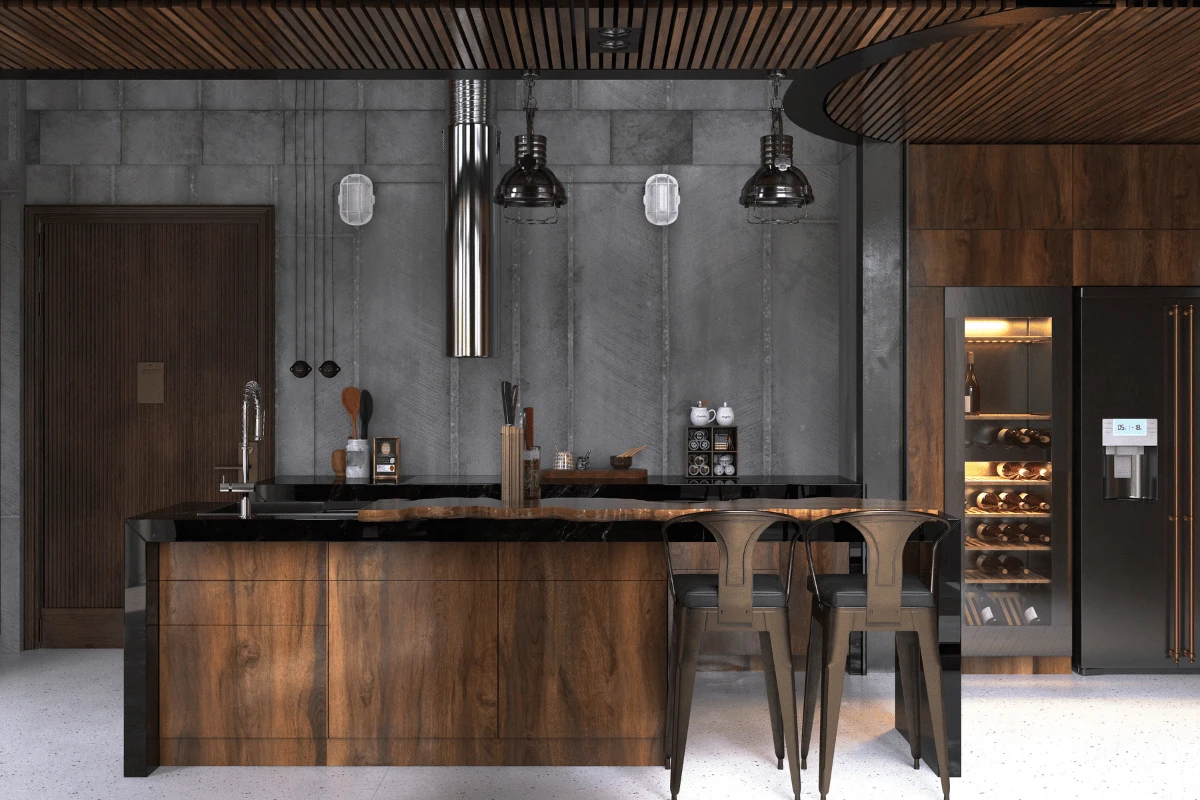Dark contemporary kitchen with warm wood cabinets