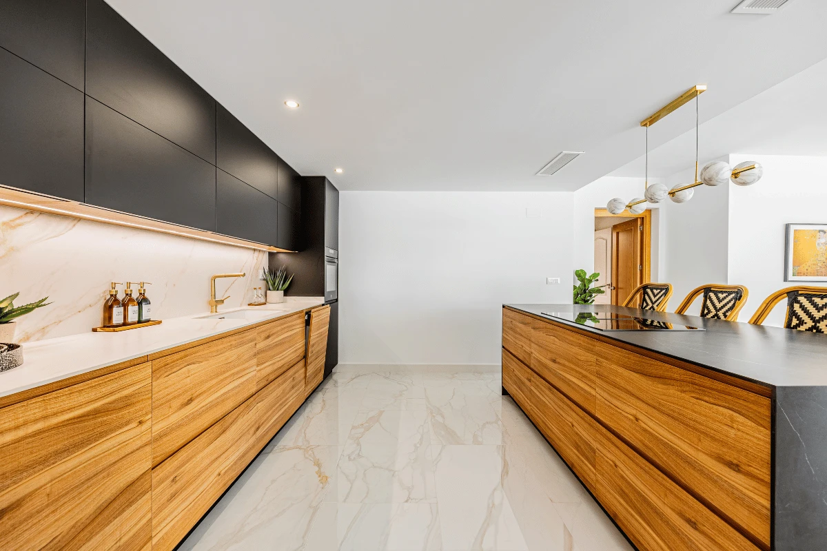 Modern kitchen featuring wood-grain cabinet doors